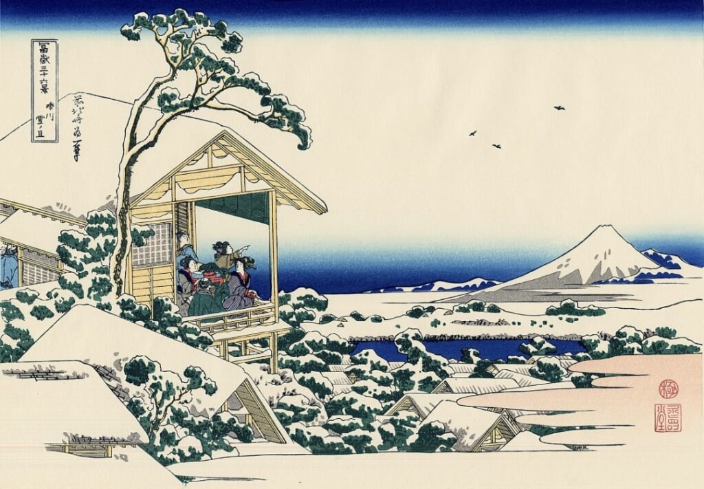 葛飾北斎−小石川の茶屋降雪後の朝